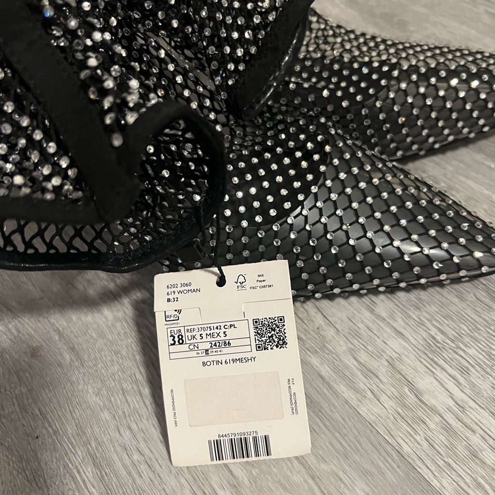 Mango MNG Black Mesh Rhinestone Heeled Boots - Picture 8 of 11
